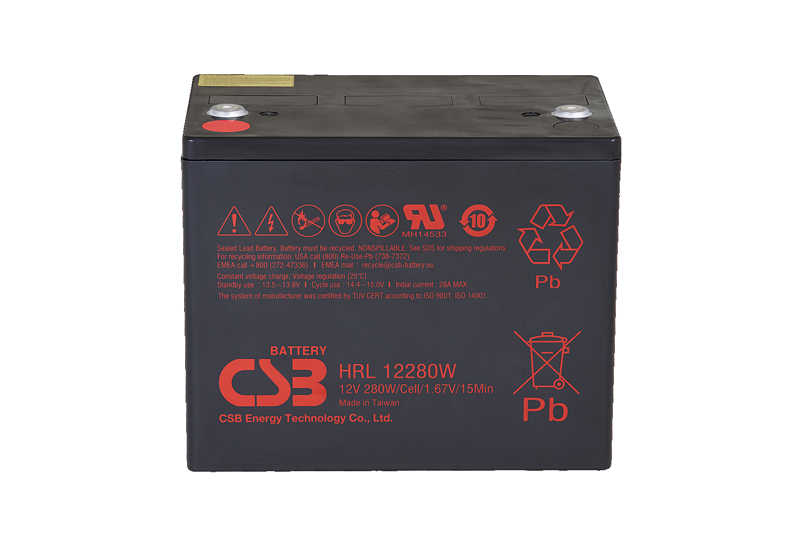 CSB Battery High Rate Long Life 12V 280WPC @ 15 Min Rate Flame Retardant Top Terminal AGM VRLA Battery